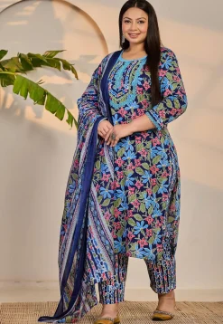 Printed Pure Cotton Pakistani Suit in Navy Blue
