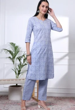 Printed Pure Cotton Pakistani Suit in Sky Blue