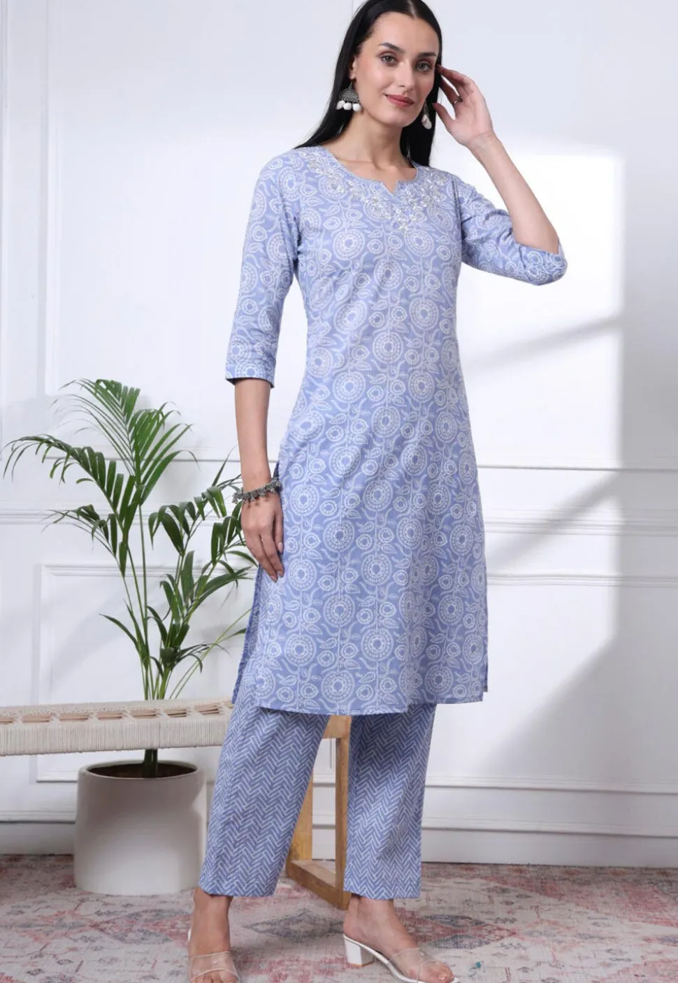 Printed Pure Cotton Pakistani Suit in Sky Blue