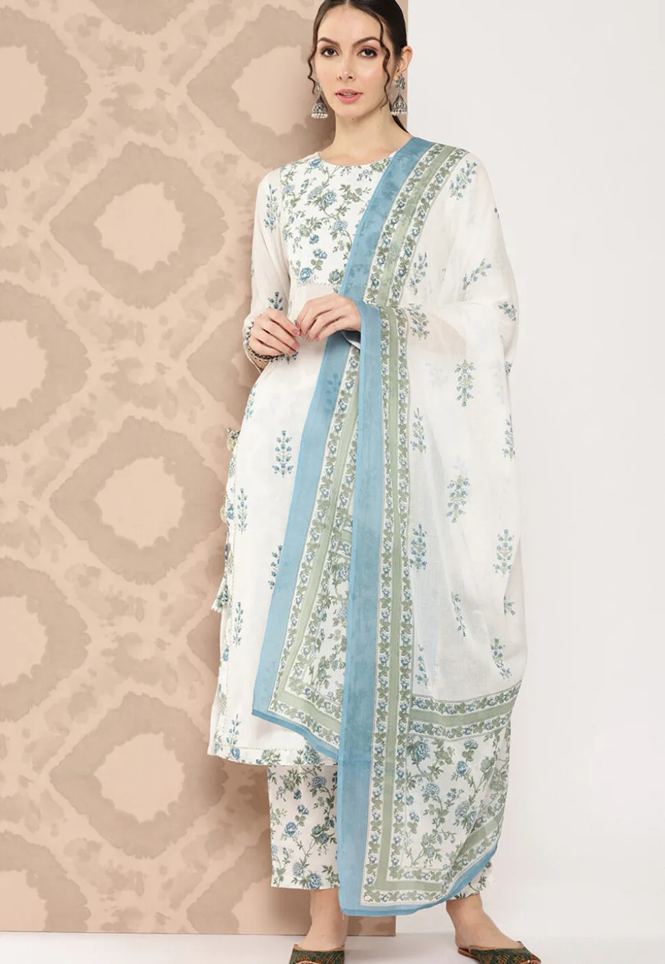 Printed Pure Cotton Pakistani Suit in White