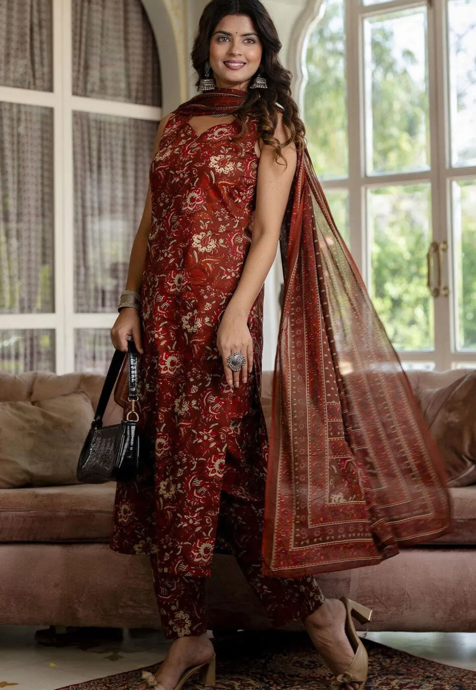 Printed Pure Cotton Pakistani Suit in Brown