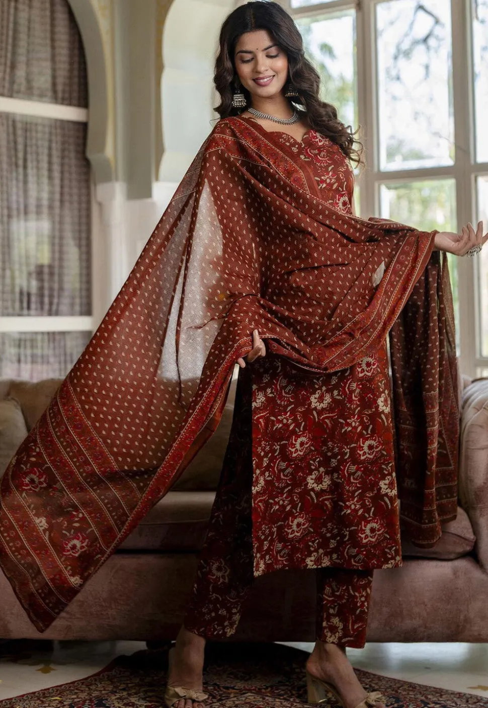 Printed Pure Cotton Pakistani Suit in Brown