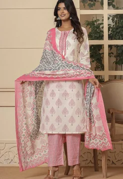 Printed Pure Cotton Pakistani Suit in Off White