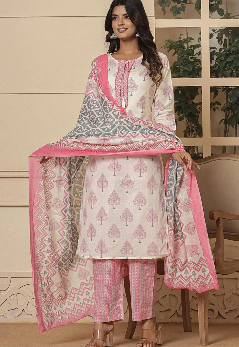 Printed Pure Cotton Pakistani Suit in Off White