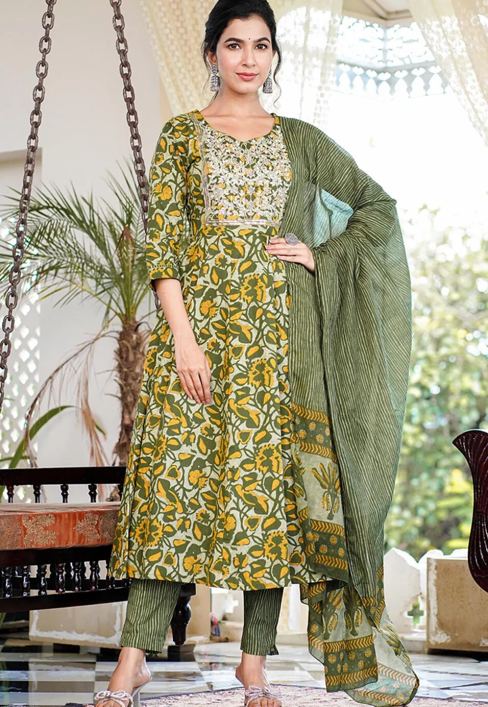 Printed Pure Cotton Pakistani Suit in Light Green