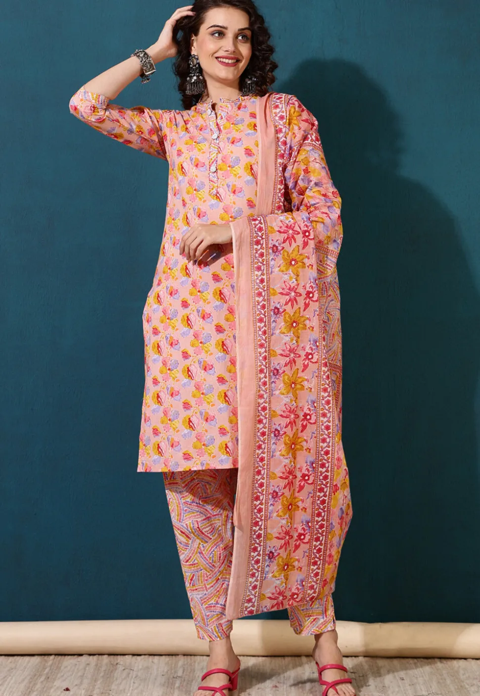 Printed Pure Cotton Pakistani Suit in Peach