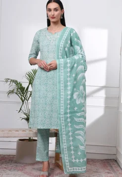 Printed Pure Cotton Pakistani Suit in Light Green