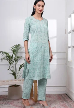 Printed Pure Cotton Pakistani Suit in Light Green