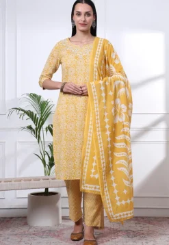 Printed Pure Cotton Pakistani Suit in Yellow