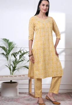 Printed Pure Cotton Pakistani Suit in Yellow