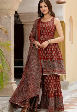 Printed Pure Cotton Pakistani Suit in Maroon
