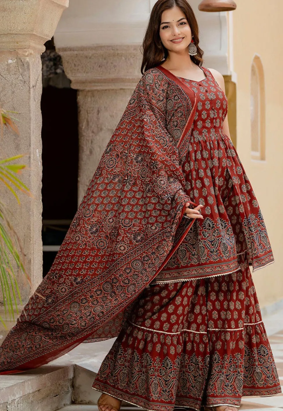 Printed Pure Cotton Pakistani Suit in Maroon