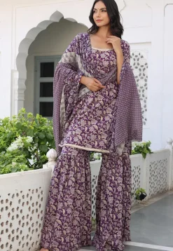 Printed Pure Cotton Pakistani Suit in Purple