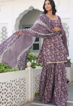Printed Pure Cotton Pakistani Suit in Purple