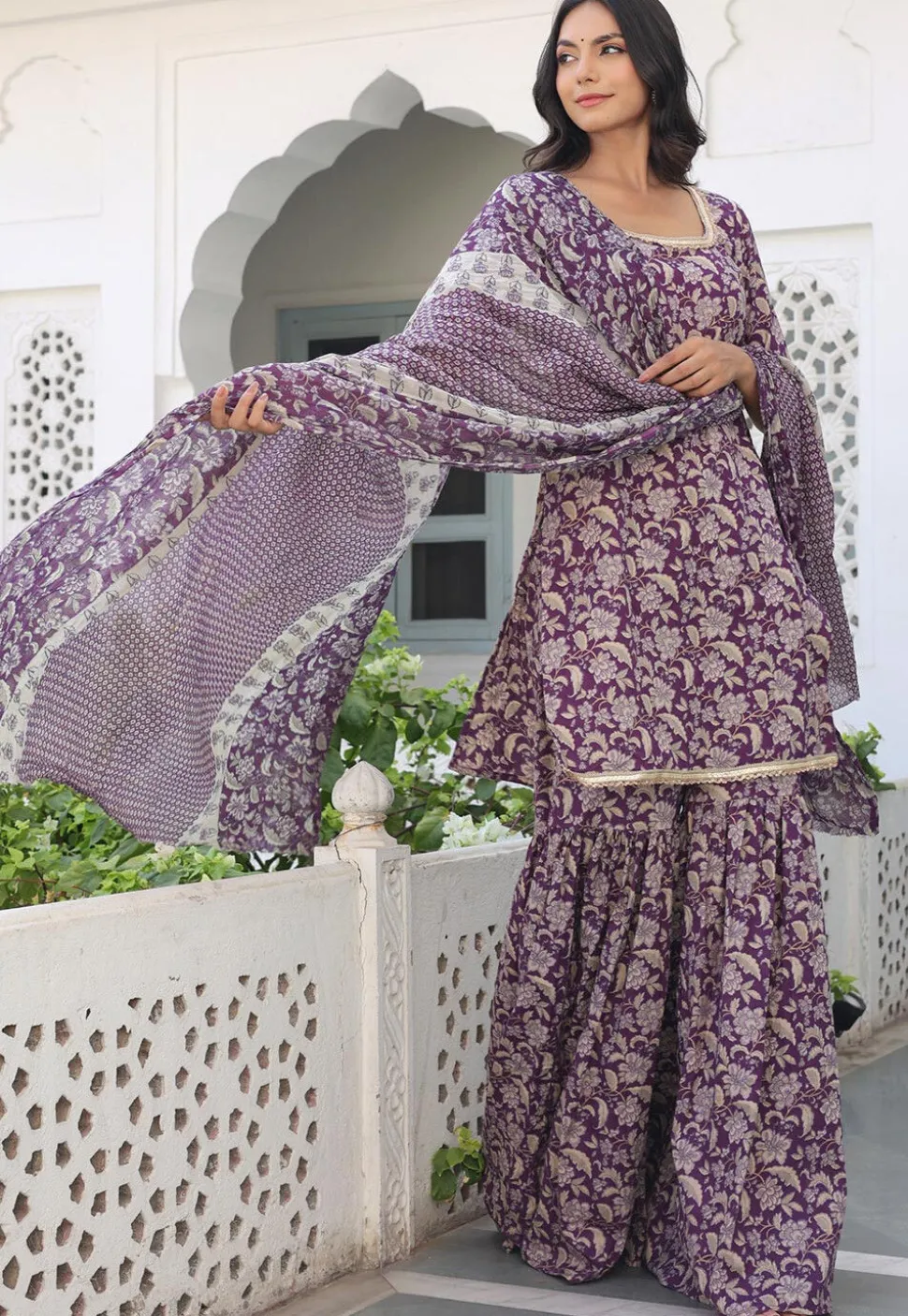 Printed Pure Cotton Pakistani Suit in Purple