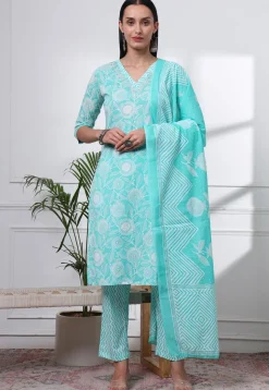 Printed Pure Cotton Pakistani Suit in Sea Green