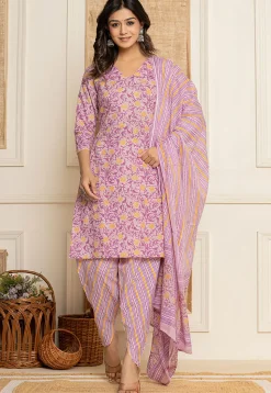 Printed Pure Cotton Punjabi Suit in Light Purple