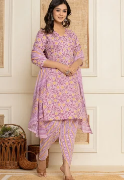 Printed Pure Cotton Punjabi Suit in Light Purple