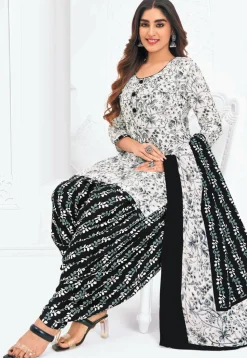 Printed Pure Cotton Punjabi Suit in White