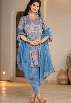 Printed Pure Cotton Punjabi Suit in Blue