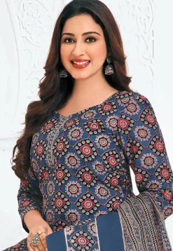 Printed Pure Cotton Punjabi Suit in Navy Blue