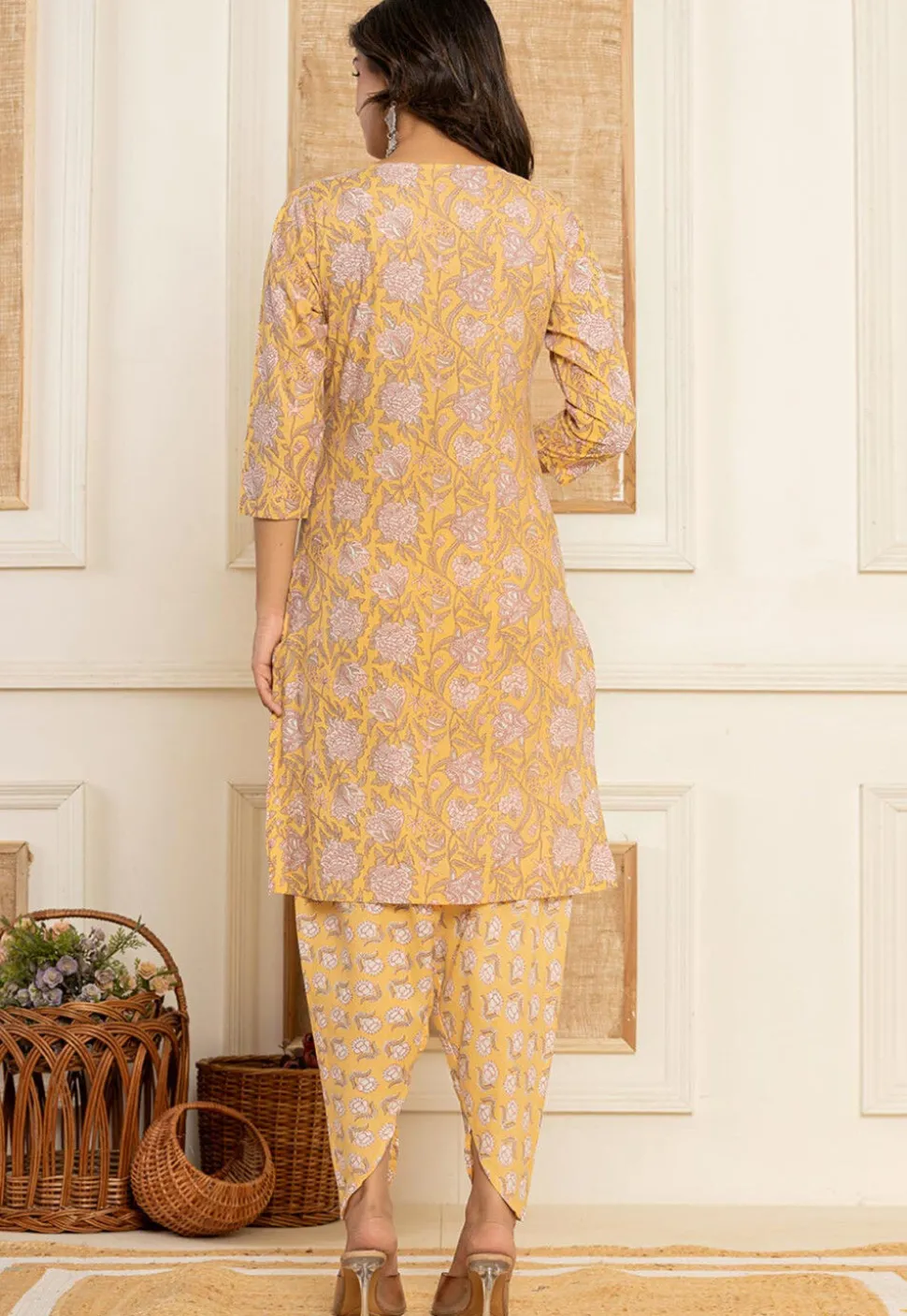 Printed Pure Cotton Punjabi Suit in Yellow