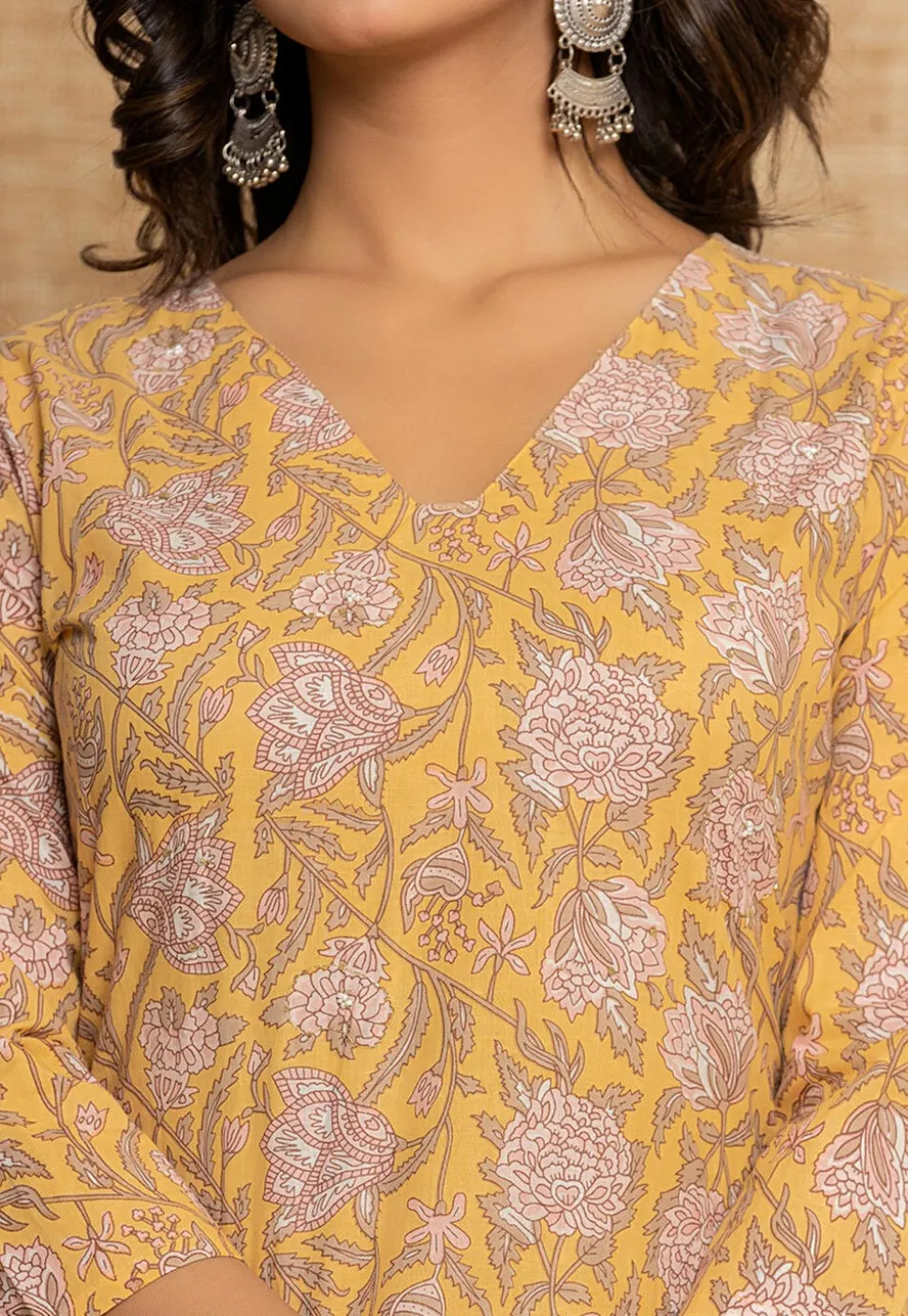 Printed Pure Cotton Punjabi Suit in Yellow