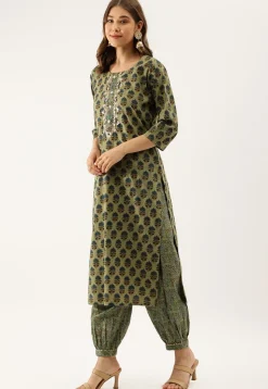 Printed Pure Cotton Punjabi Suit in Green