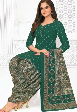 Printed Pure Cotton Punjabi Suit in Dark Teal Green