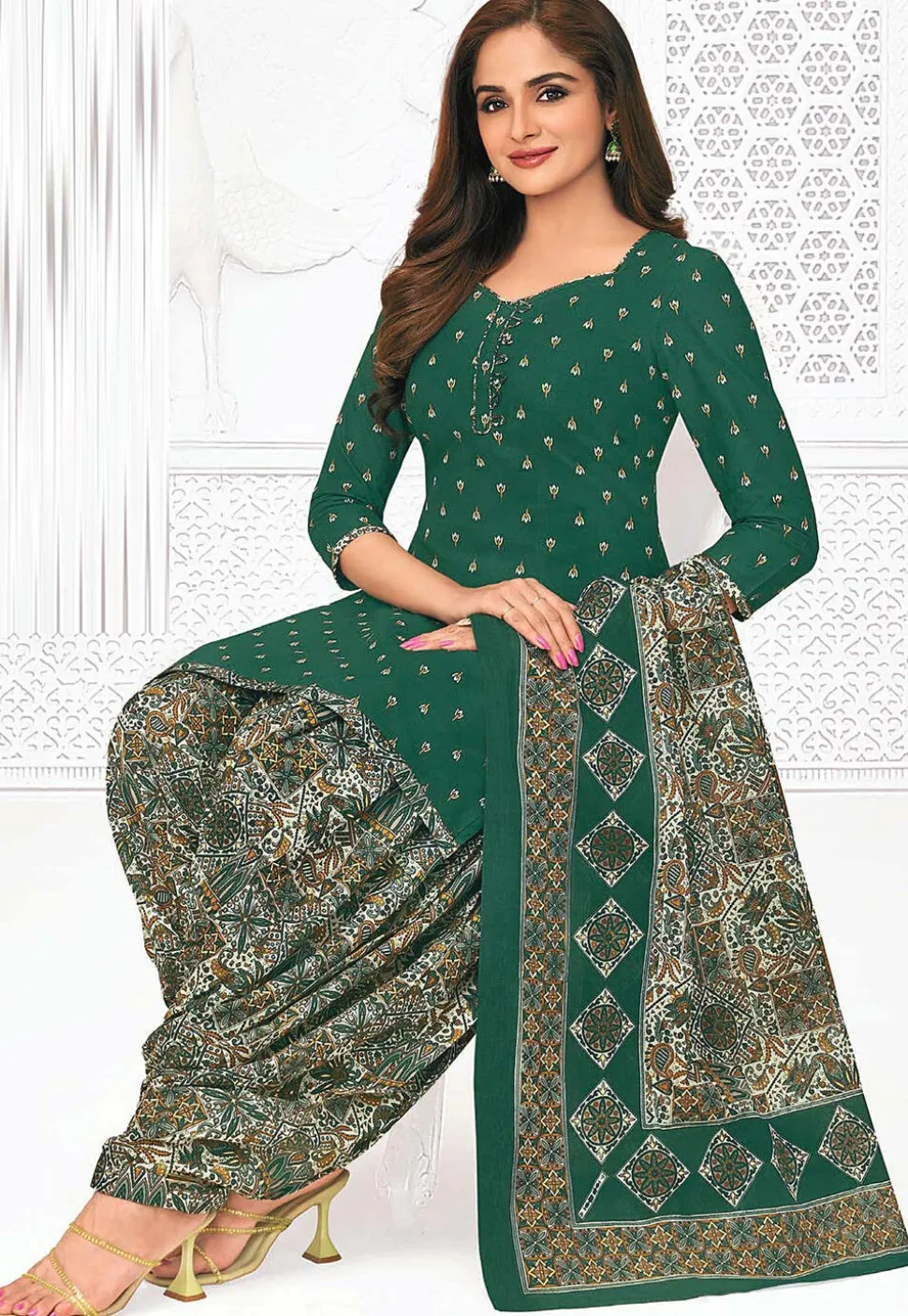Printed Pure Cotton Punjabi Suit in Dark Teal Green