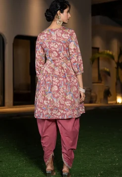 Printed Pure Cotton Punjabi Suit in Old Rose