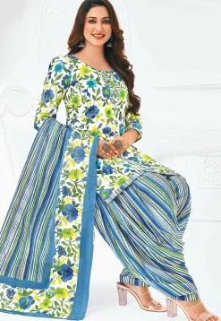 Printed Pure Cotton Punjabi Suit in White