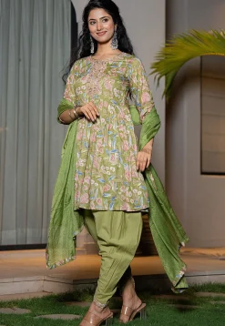 Printed Pure Cotton Punjabi Suit in Dusty Green