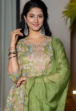 Printed Pure Cotton Punjabi Suit in Dusty Green