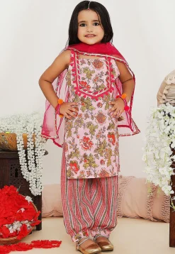 Printed Pure Cotton Punjabi Suit in Light Pink