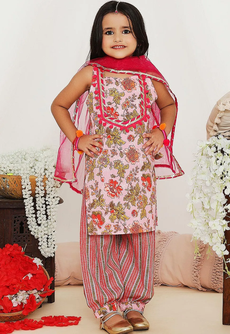 Printed Pure Cotton Punjabi Suit in Light Pink