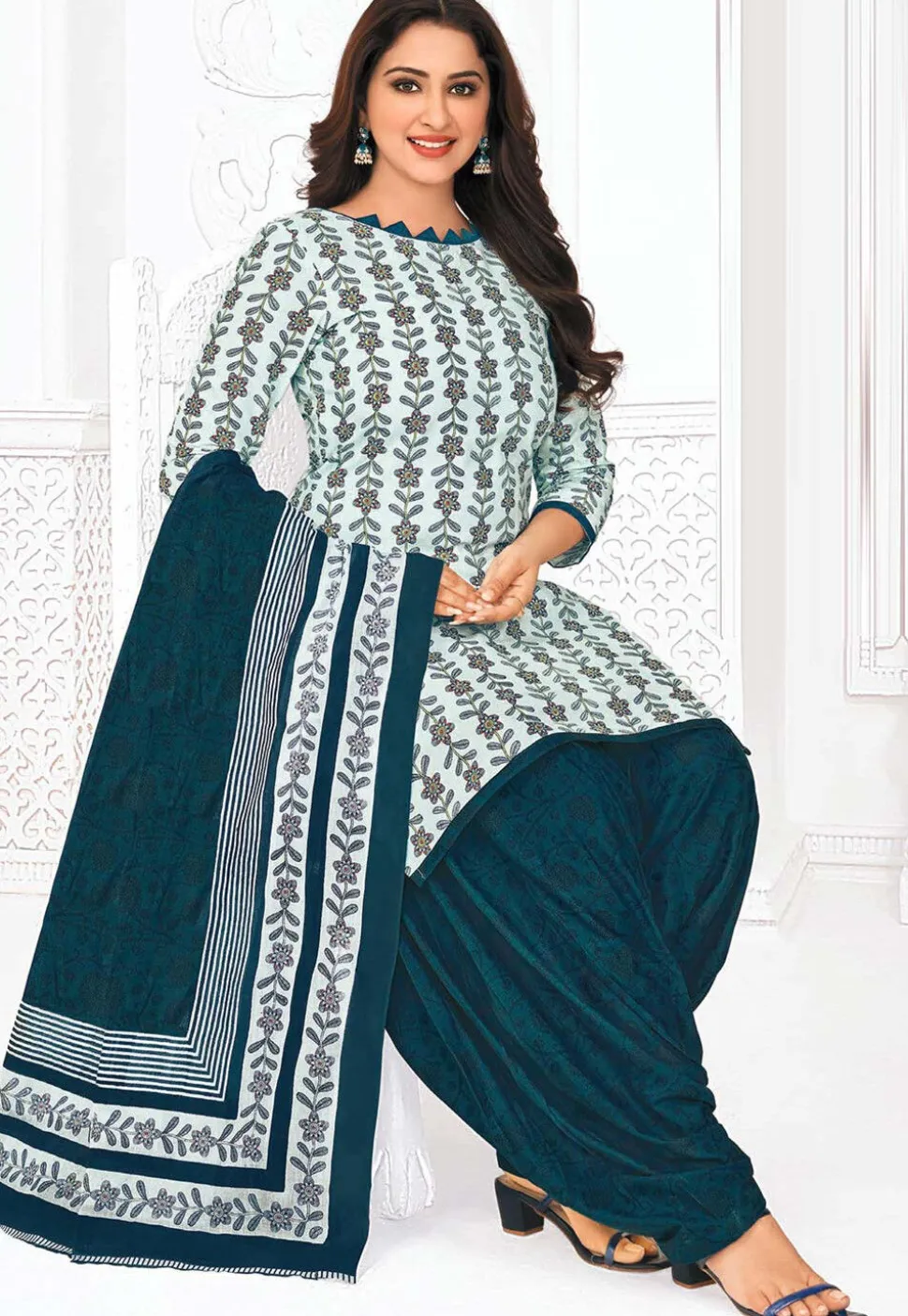 Printed Pure Cotton Punjabi Suit in Sky Blue
