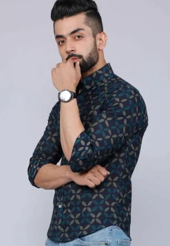 Printed Pure Cotton Shirt in Dark Blue
