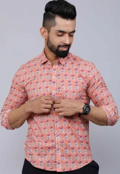Printed Pure Cotton Shirt in Peach