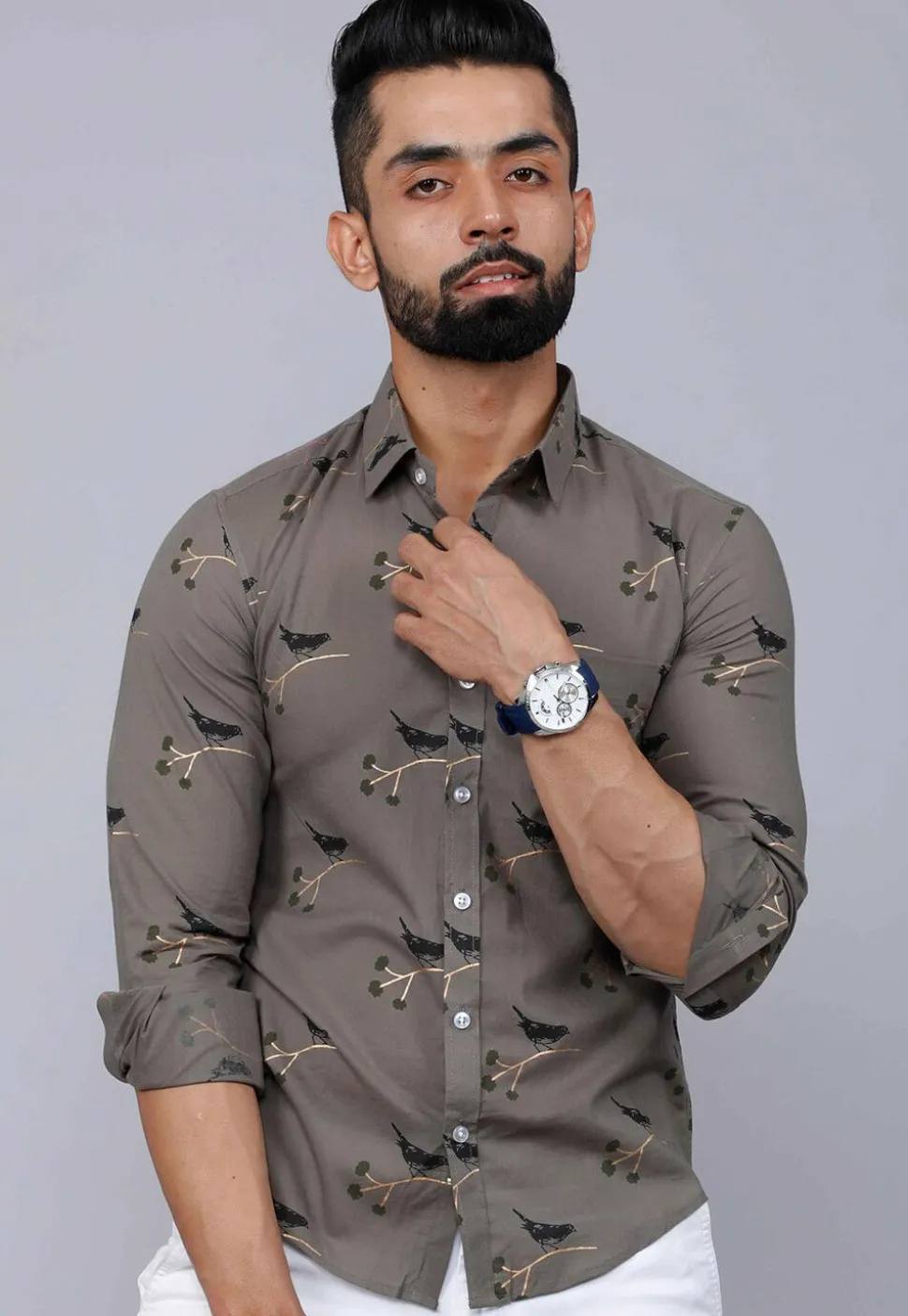 Printed Pure Cotton Shirt in Dark Grey