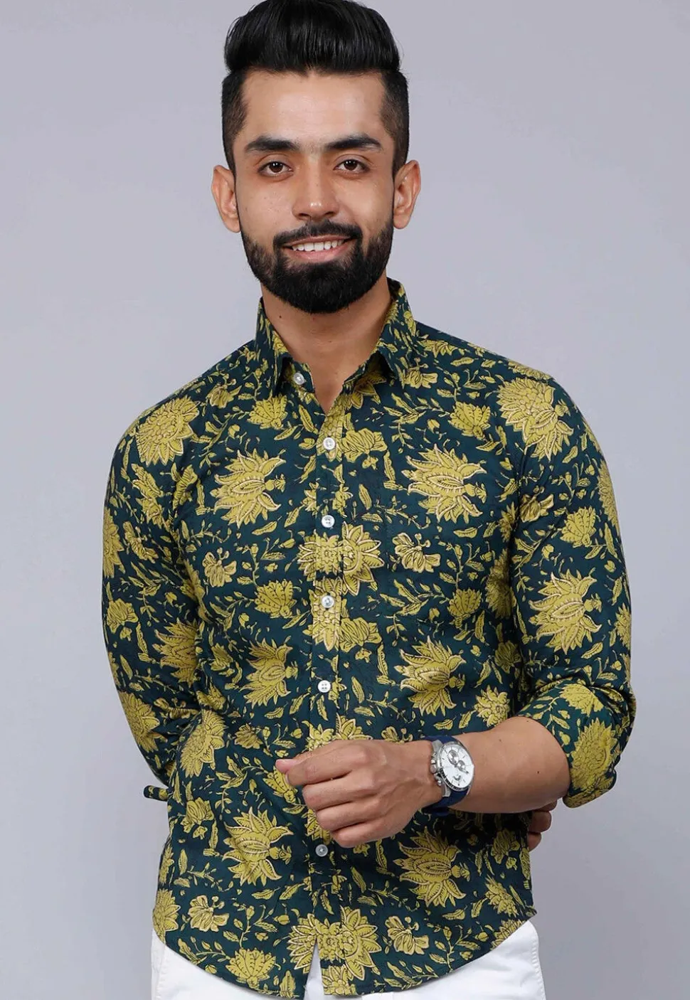 Printed Pure Cotton Shirt in Teal Blue