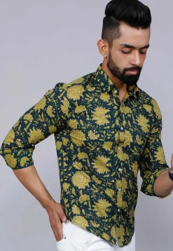 Printed Pure Cotton Shirt in Teal Blue