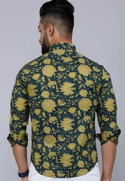 Printed Pure Cotton Shirt in Teal Blue