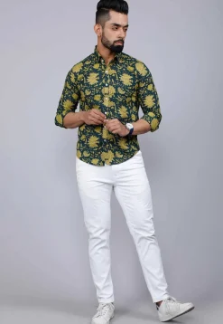 Printed Pure Cotton Shirt in Teal Blue