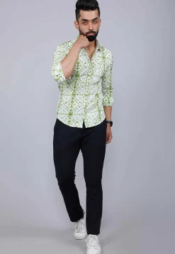Printed Pure Cotton Shirt in White and Green