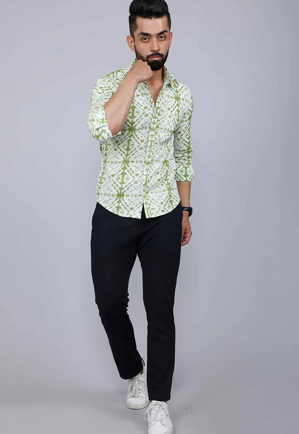 Printed Pure Cotton Shirt in White and Green