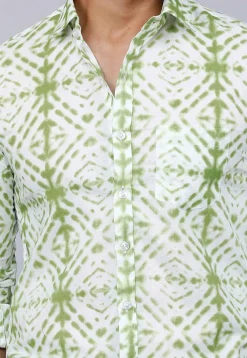 Printed Pure Cotton Shirt in White and Green