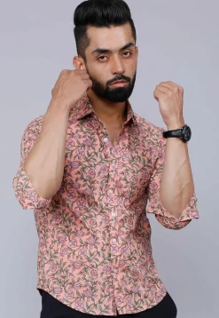 Printed Pure Cotton Shirt in Pastel Orange