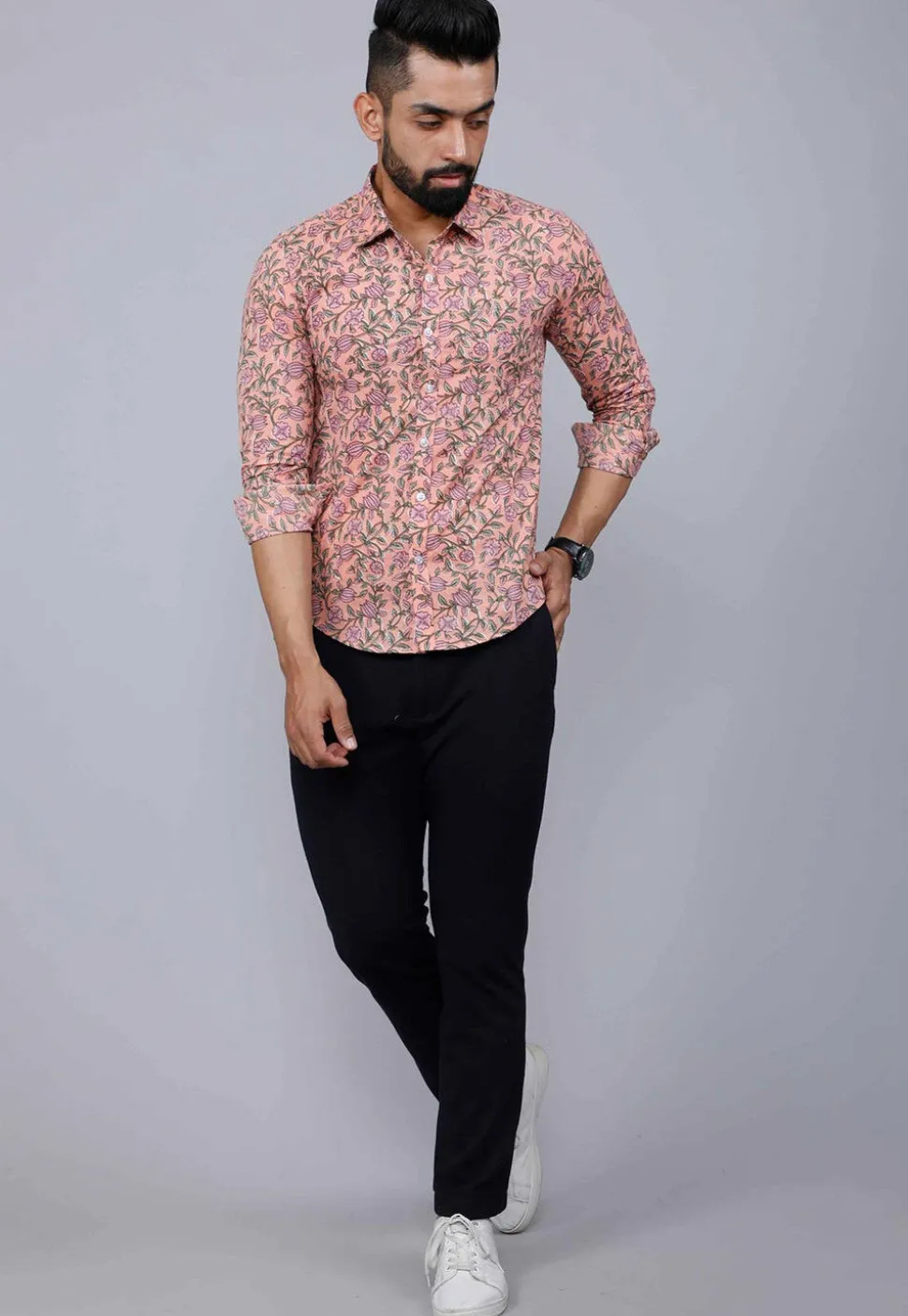 Printed Pure Cotton Shirt in Pastel Orange