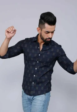 Printed Pure Cotton Shirt in Dark Blue
